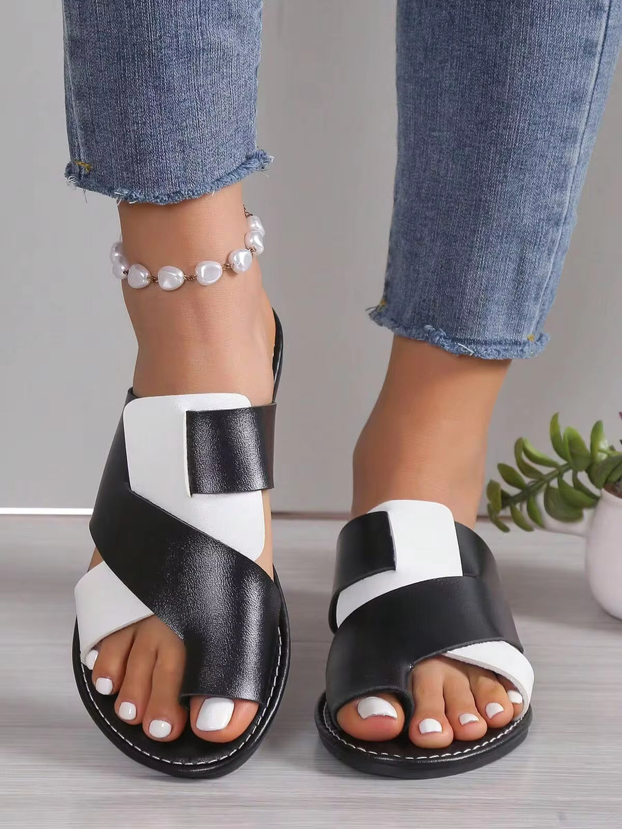 Women's Summer Flip Flops, Black White Yellow Faux Leather Color Block New Style Sandals, Fashion Breathable Flat Thong Slippers With Soft Non-Slip Sole