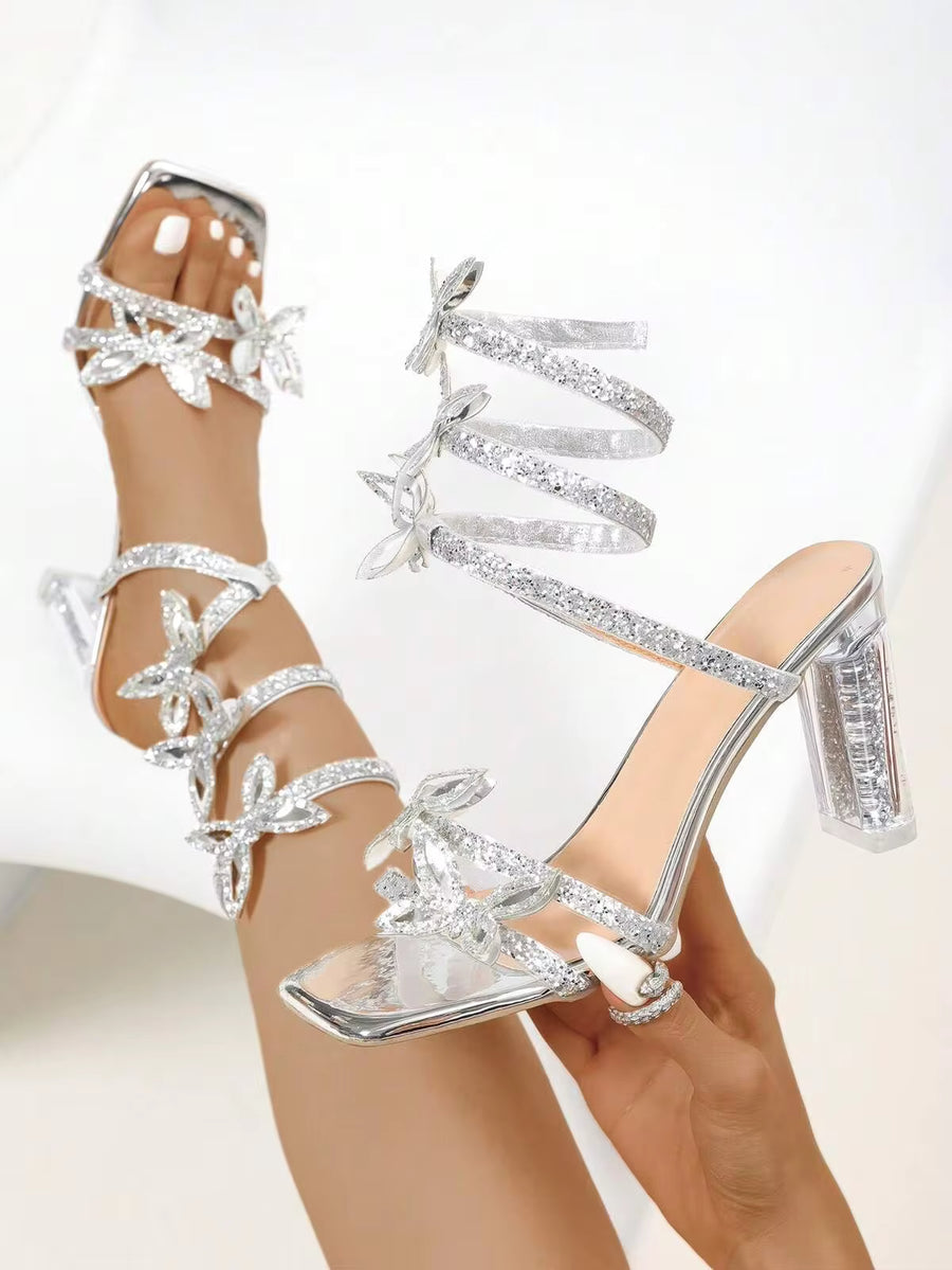 Women's Crystal High Heel Sandals, Wrapped And Entwined With Rhinestones And Butterfly Decor, Open Toe, Gorgeous Sparkling Crystal High Heels, Suitable For Weddings, Banquets And Other Occasions
