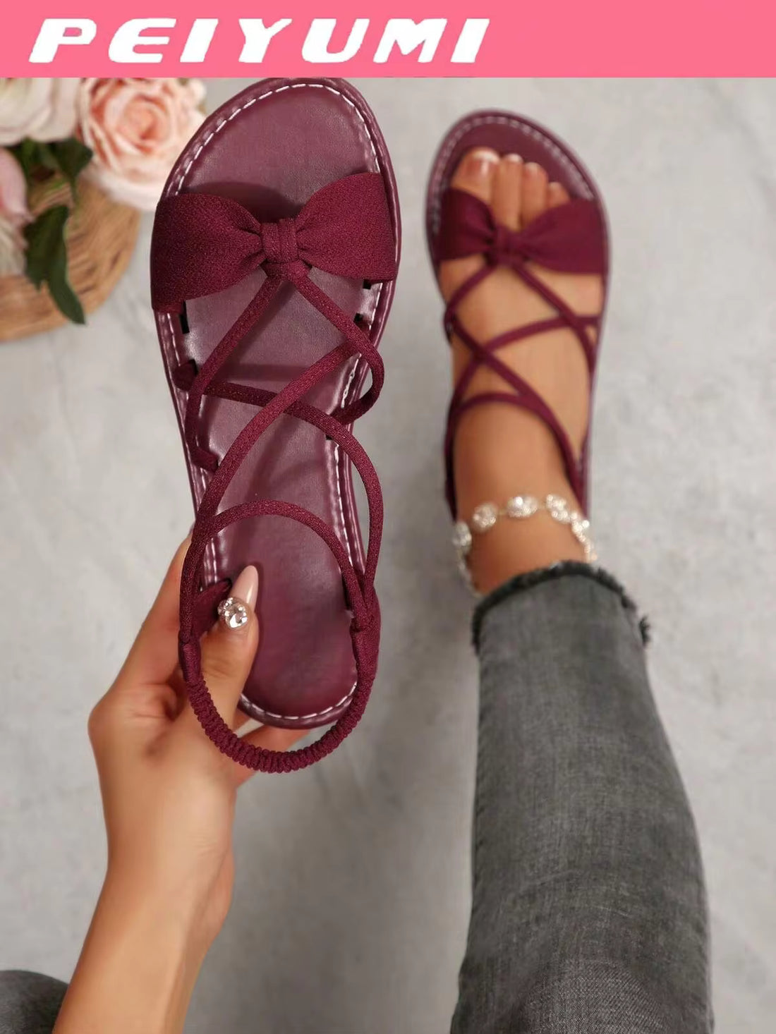 PEIYUMI Women's Fashion Sandals, Elegant Bow And Criss-Cross Strap Design, Comfortable And Versatile, Suitable For Various Occasions, Multiple Color Options