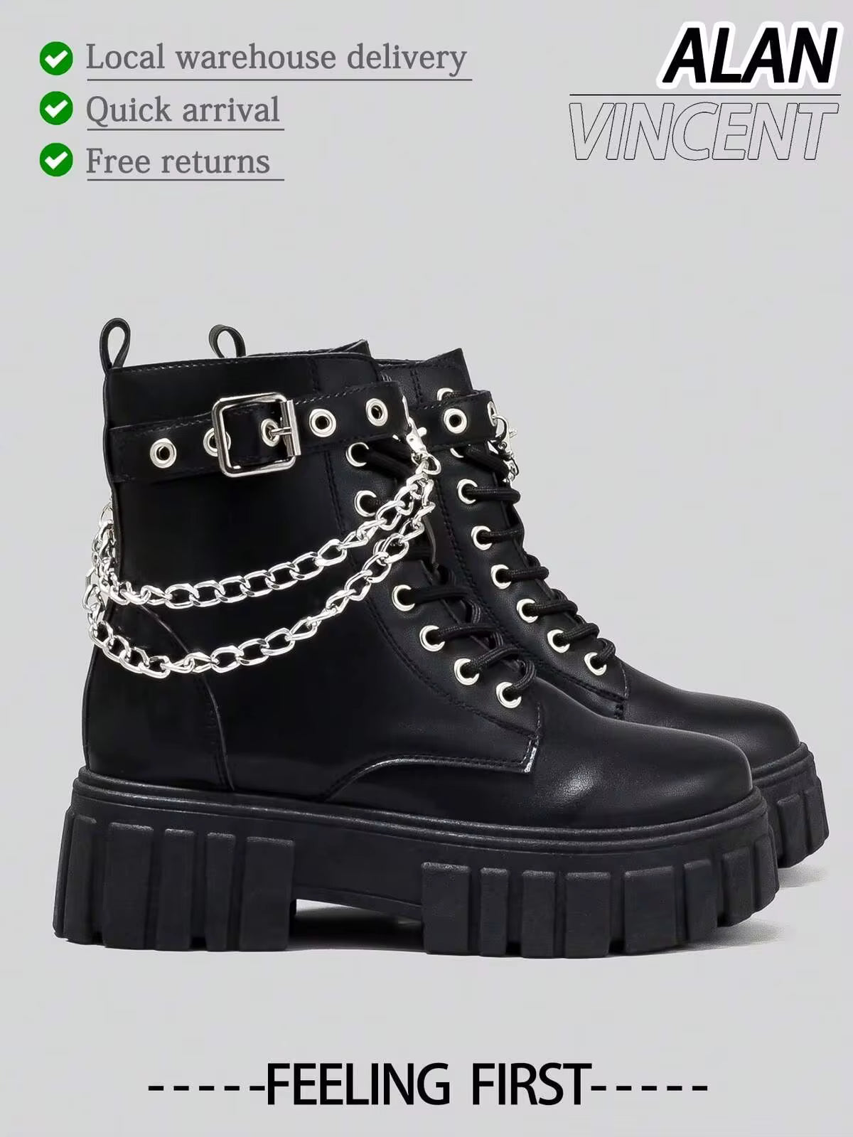 Alan Vincent[Local Delivery][Quick Arrival]New Classic Women's Black Mid-Calf Boots With Silver Chain Lace-Up And Zipper Thick Sole Boots Comfortable