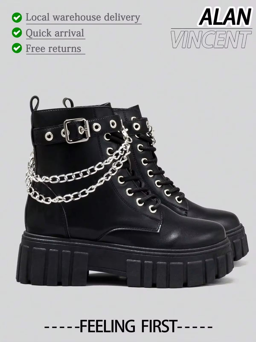 Alan Vincent[Local Delivery][Quick Arrival]New Classic Women's Black Mid-Calf Boots With Silver Chain Lace-Up And Zipper Thick Sole Boots Comfortable