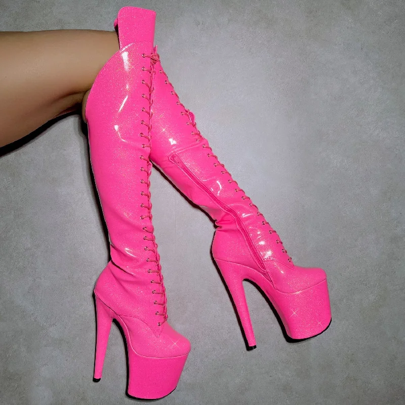 The Glitterati - Juicy Pink Burst Over Knee Boot - 8INCH - New Style - Check description