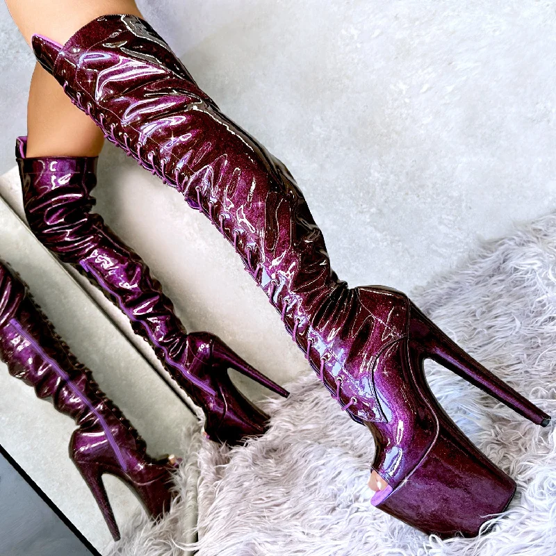 The Glitterati Thigh High Open Toe - Purple Rain - 8IN