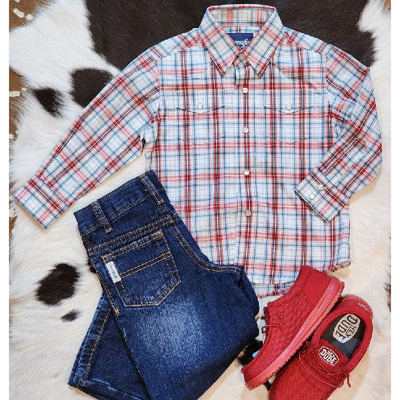 Wrangler Boy's Red/White/Blue Plaid Pearl Snap