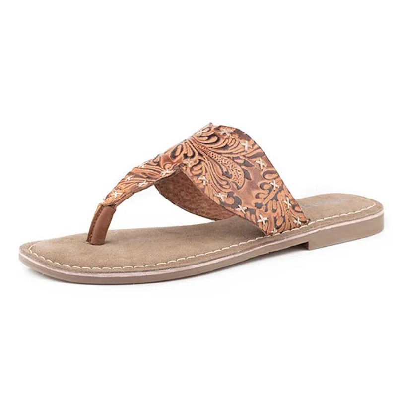 Roper Women's Tan Floral Leather Flat Sandals