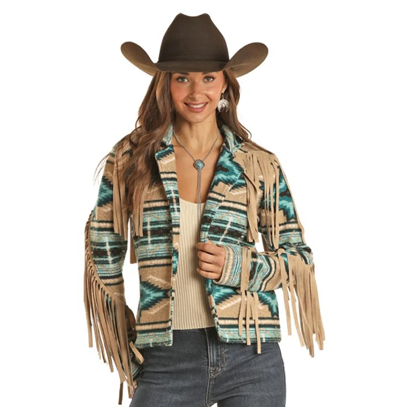 Rock & Roll Women's Turquoise and Tan Aztec Fringe Berber Jacket